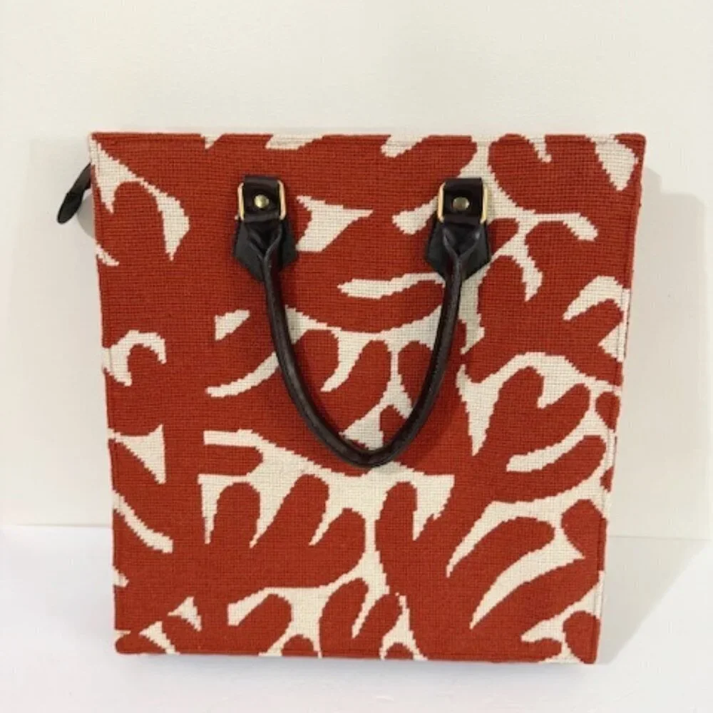 Dransfield & Ross Woven Textile Tote Bag Rich Rust & Ivory Leaf Design